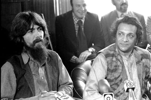 George Harrison and Ravi Shankar at the press conference of the Concert for Bangladesh